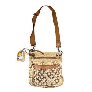 Spacious FOSSIL KEYPER Canvas & Leather LINEN / TAN / LEMON Crossbody‎ Messenger